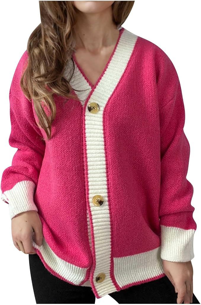 Damen lässige Strickjacke mit kontrastierenden Bündchen und dezenter Knopfleiste Sovae