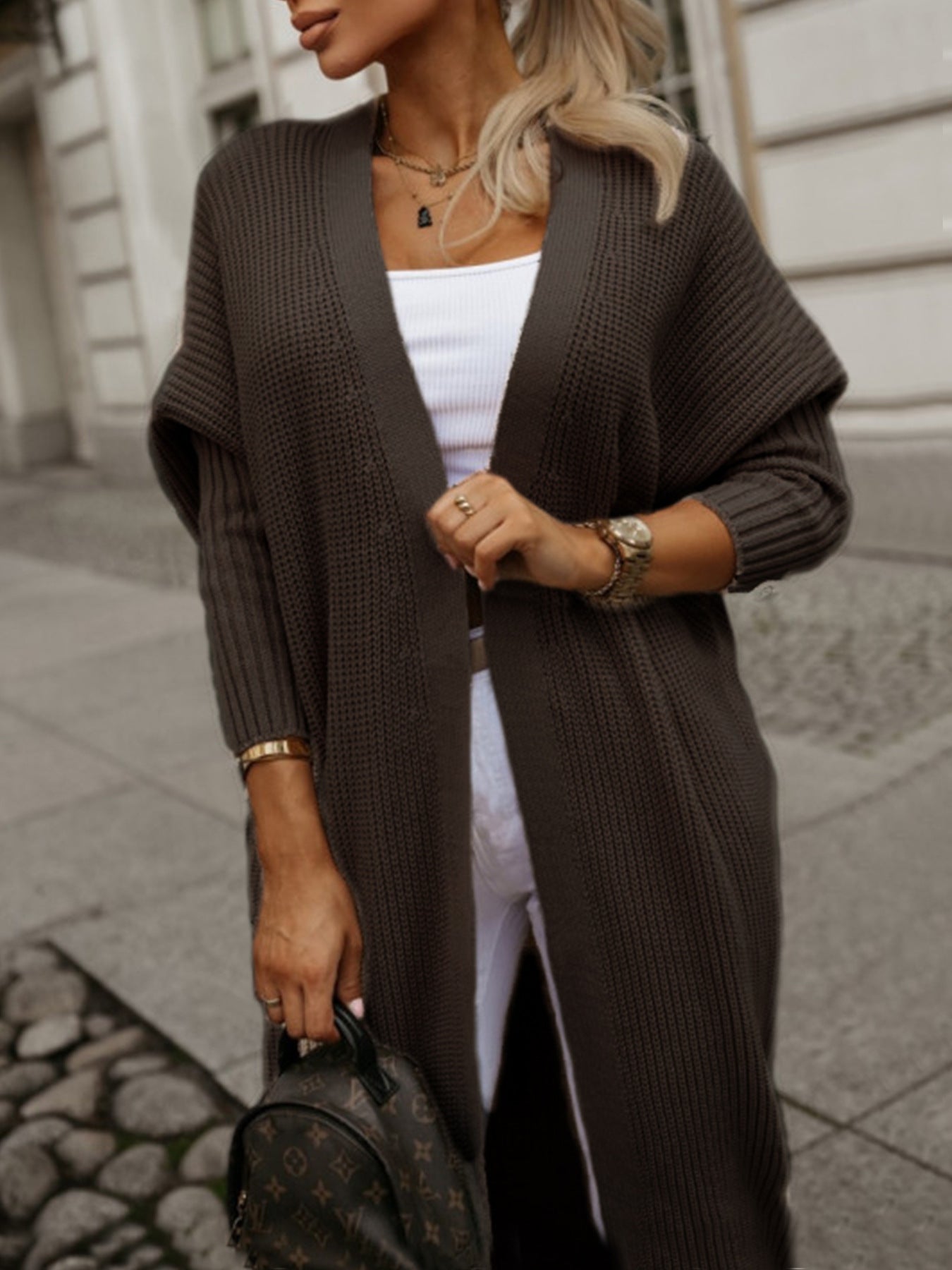 Damen modische Langarm Strickjacke mit offenem Schnitt und Waffelmuster Sovae
