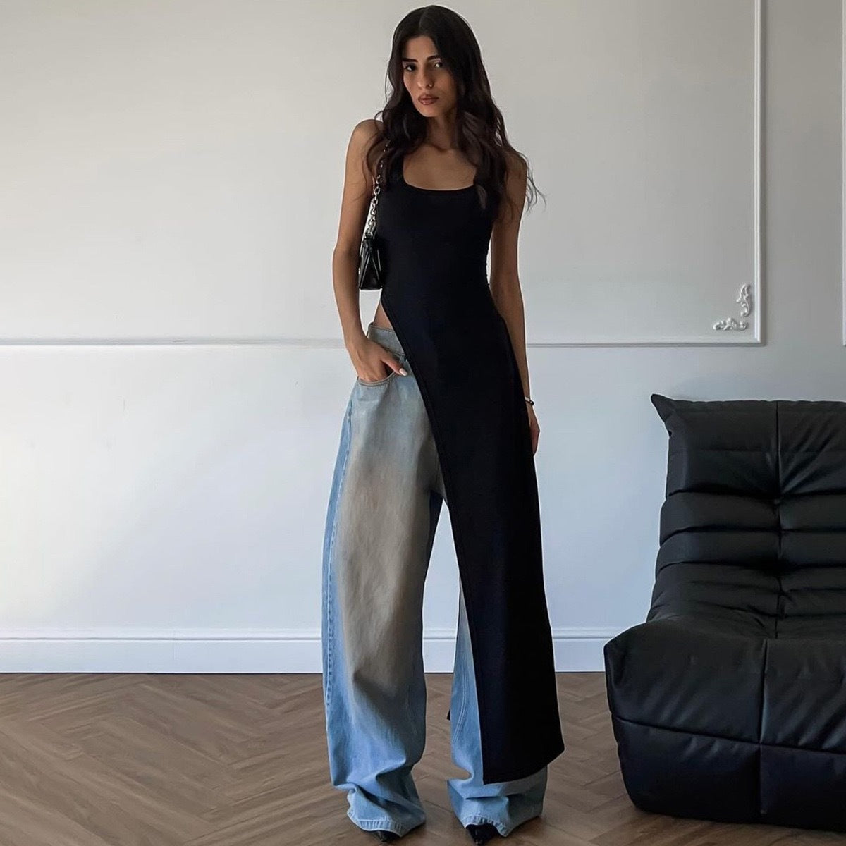 Damen Maxikleid mit asymmetrischem Schnitt und fließendem Stoff Sovae