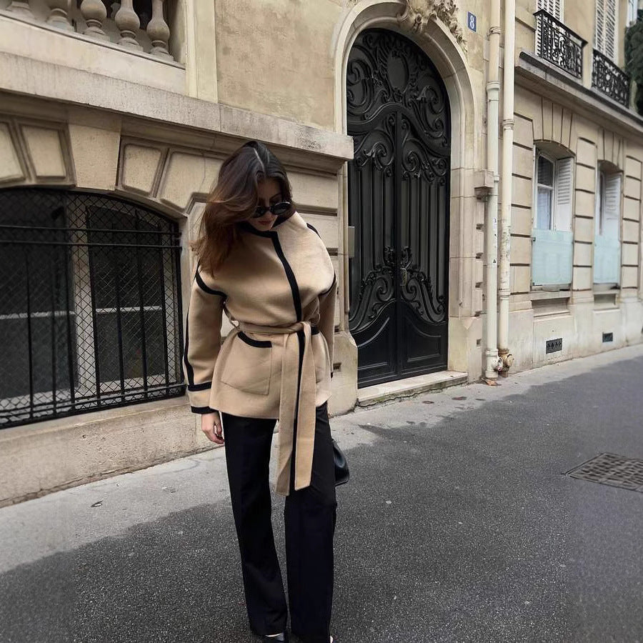 Damen elegante Blazerjacke mit Taillengürtel und Kontrastnähten Sovae