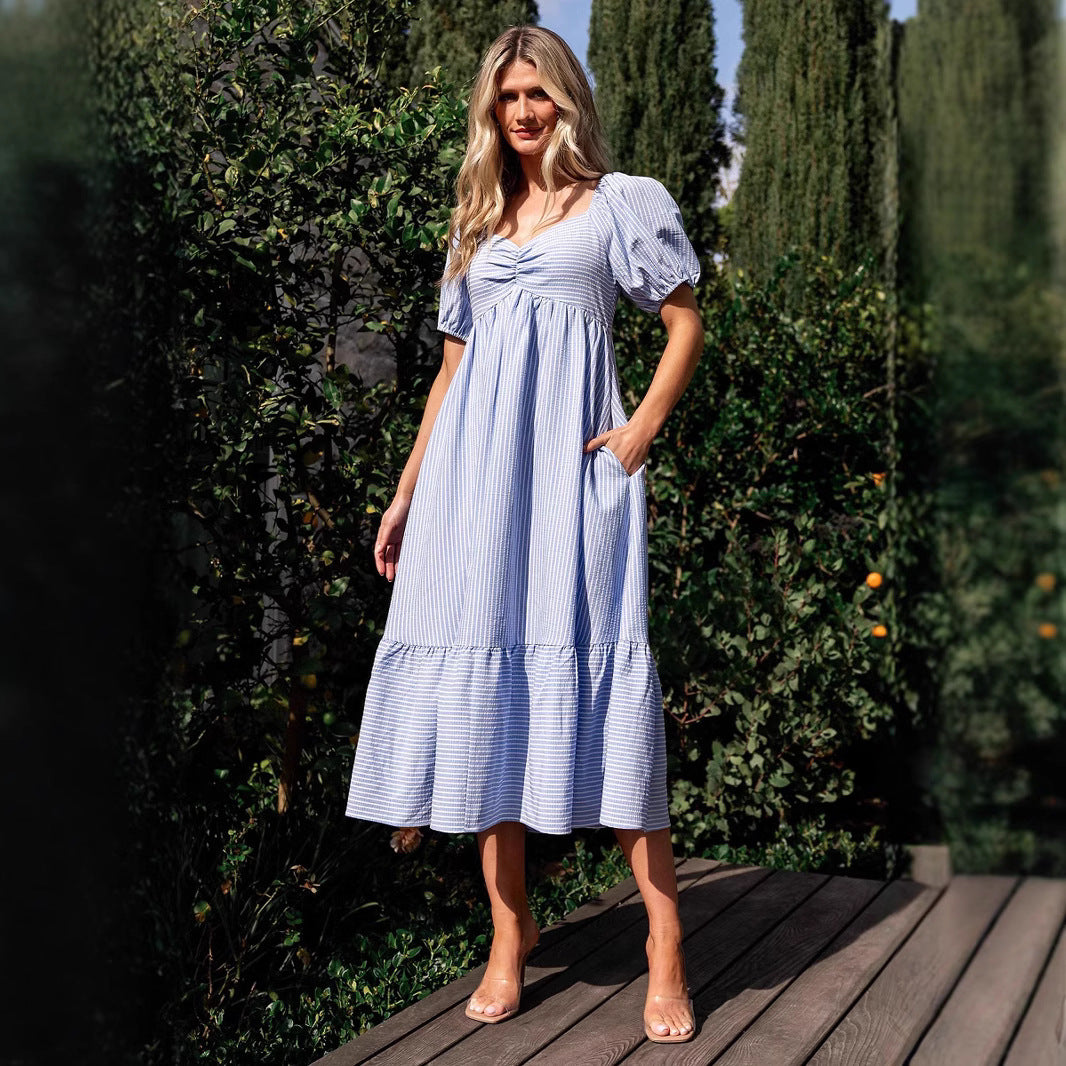 Damen lässiges und schickes Midi-Kleid mit Puffärmeln Sovae