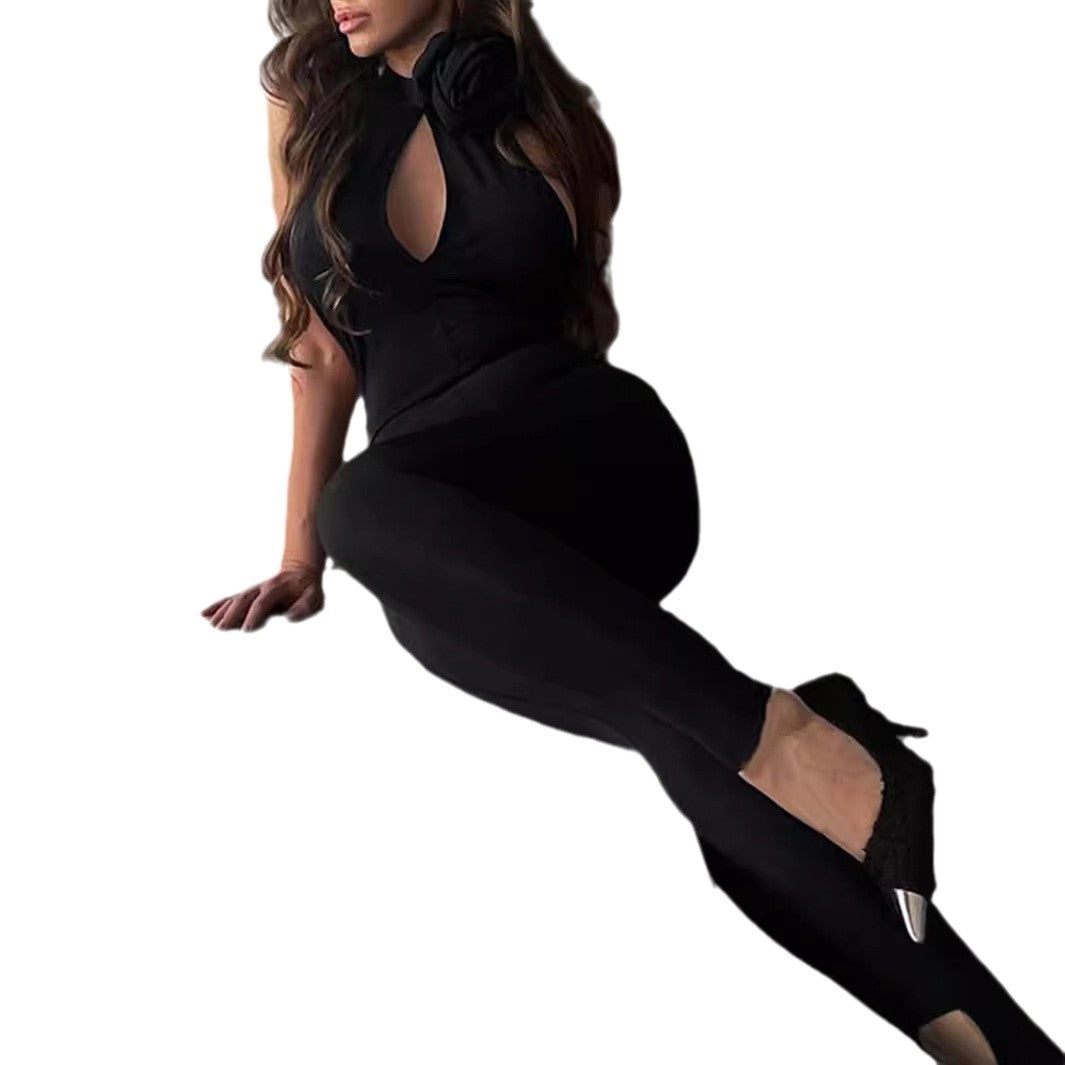 Damen Eleganter Langarm Jumpsuit mit Floral-Detail Sovae