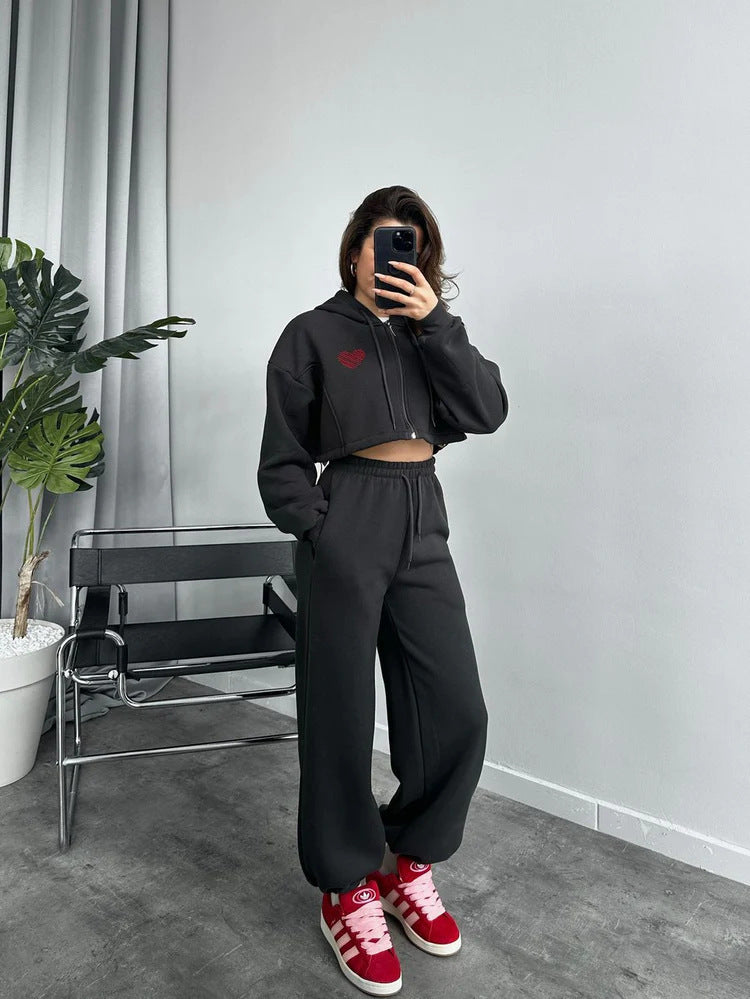 Damen Sportliches Crop-Set mit Kapuze und elastischer Taille Sovae