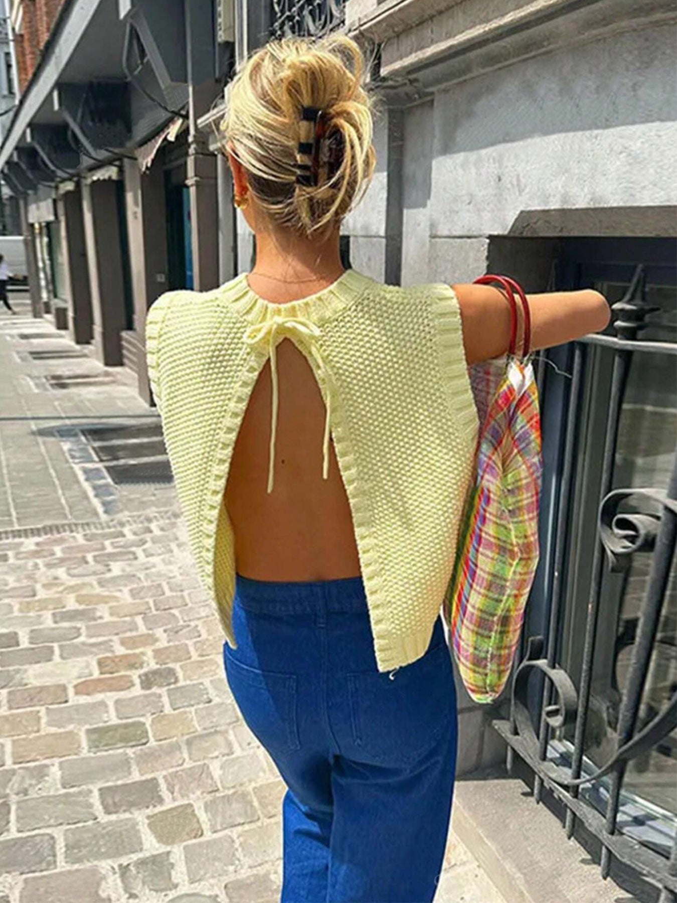 Damen modischer Strickpulli mit offenem Rücken und Schnürdetails Sovae