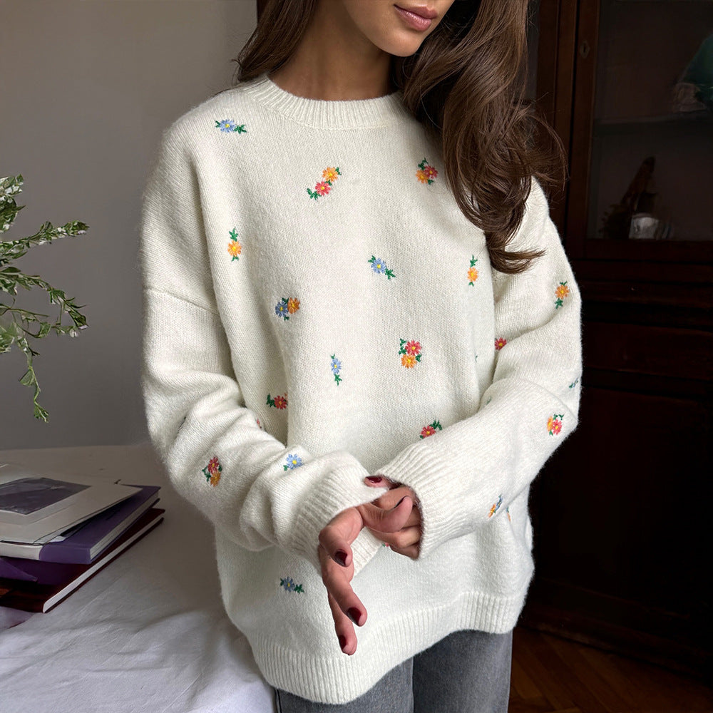 Damen Verspielter Pullover mit floralen Stickereien Sovae
