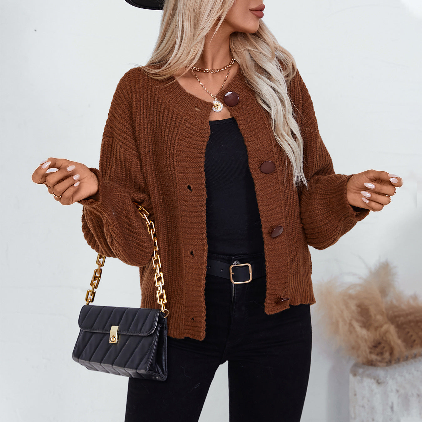 Damen gemütliche Strickjacke mit großen Knöpfen und lässigem Schnitt Sovae