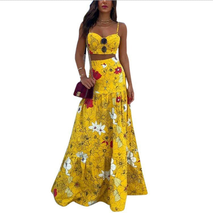 Damen Maxikleid mit floralem Oberteil und schwingendem Rock Sovae