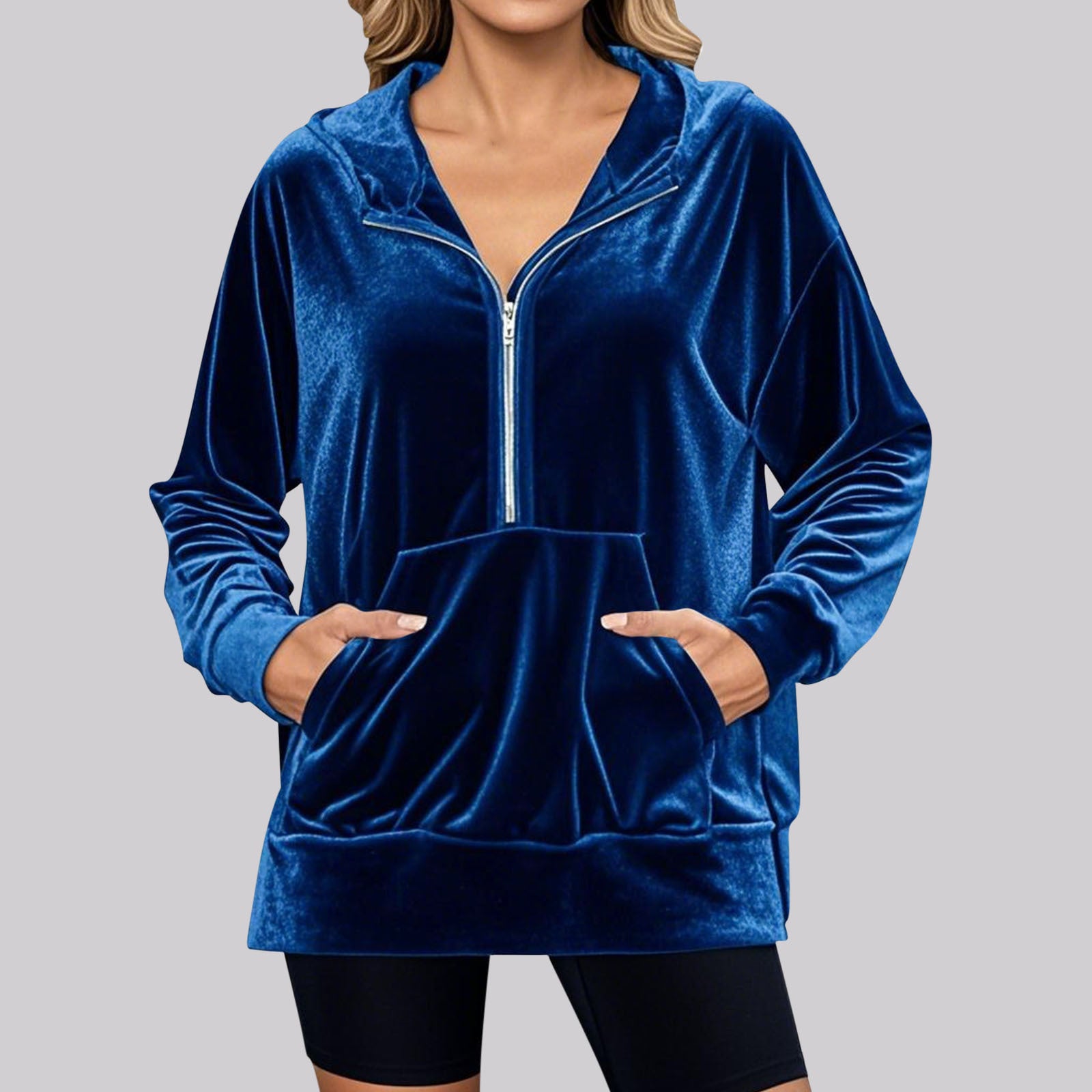 Damen Lässiger Velvet Hoodie mit praktischem Reißverschluss und Kängurutasche Sovae