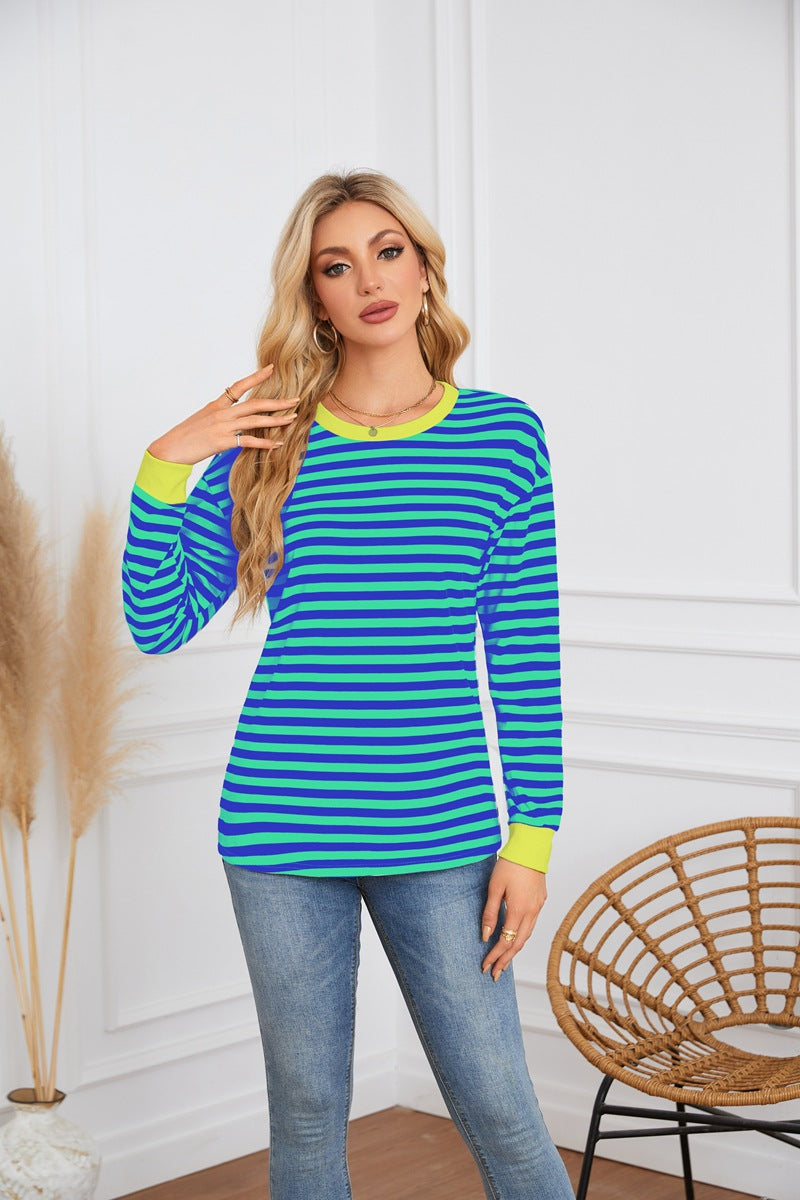 Damen gestreiftes Langarmshirt mit farblich abgesetztem Kragen Sovae