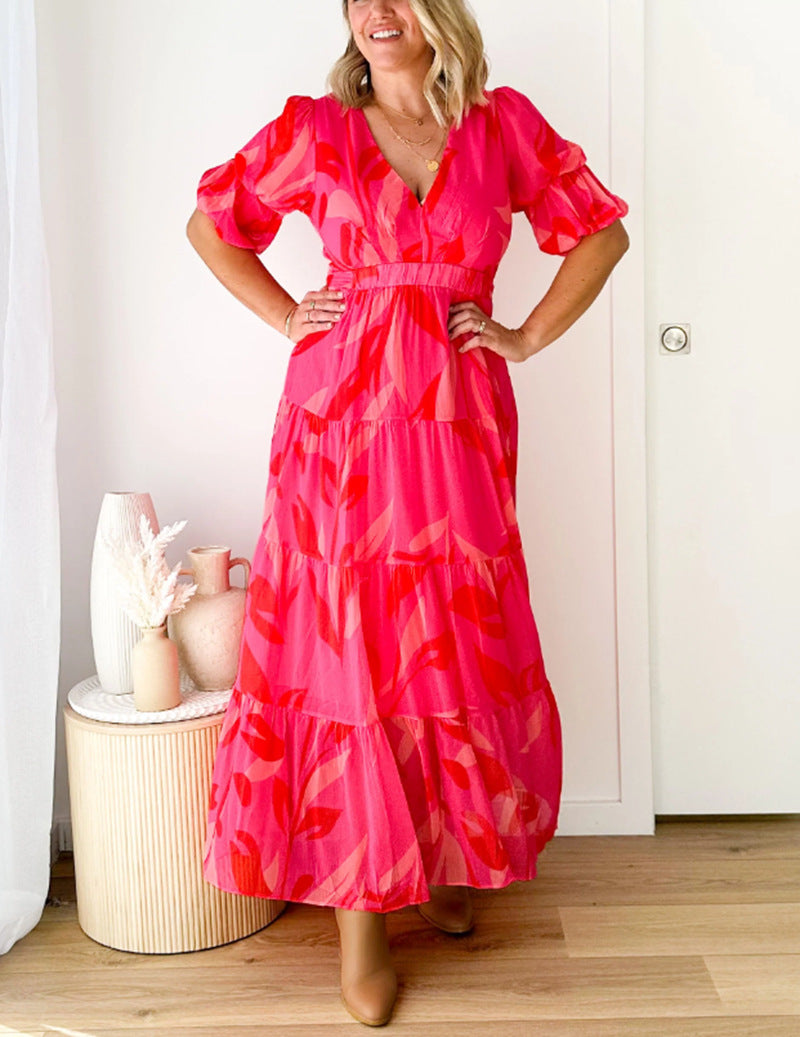 Damen Maxikleid mit voluminösen Ärmeln und floralen Details Sovae