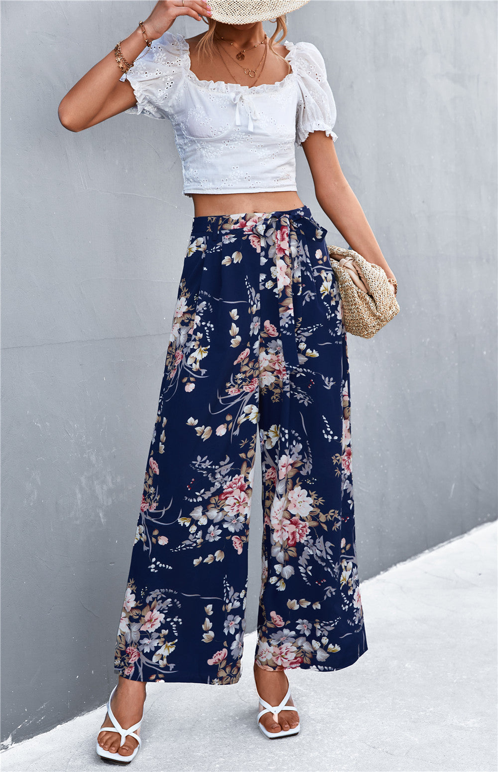Damen Weite Blumenhose mit elastischem Bund und Bindegürtel Sovae