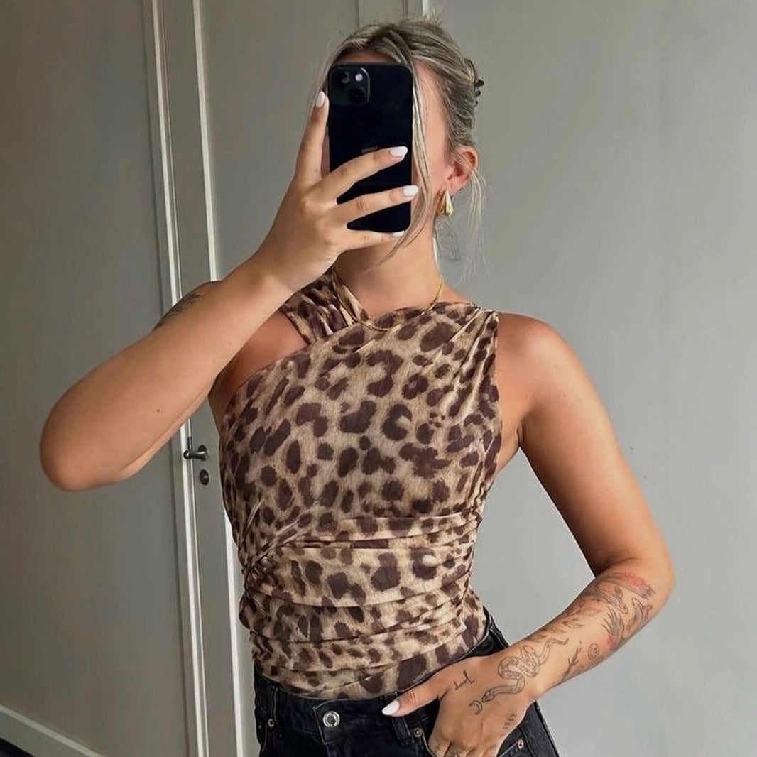 Damen Tanktop mit asymmetrischem Leopardenprint und Wickeldetails Sovae
