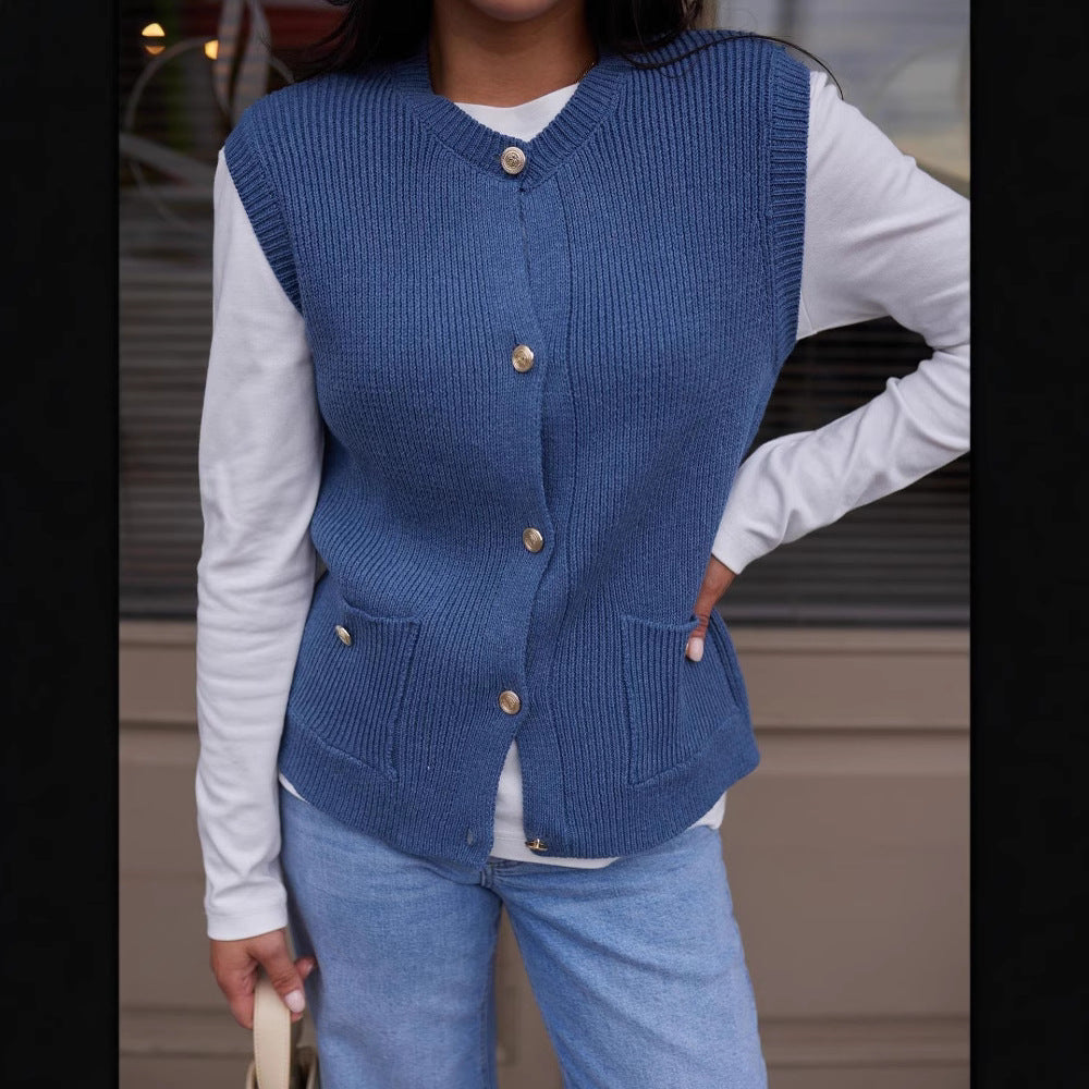 Damen Strickweste mit Knopfleiste und praktischen Taschen Sovae
