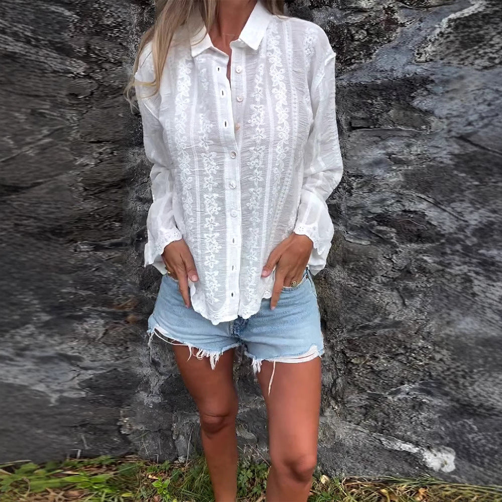 Damen luftige Bluse mit floralen Stickereien Sovae