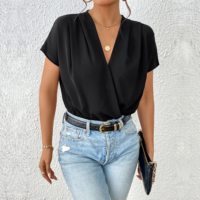 Damen Body mit eleganter Wickeloptik und kurzen Ärmeln Sovae