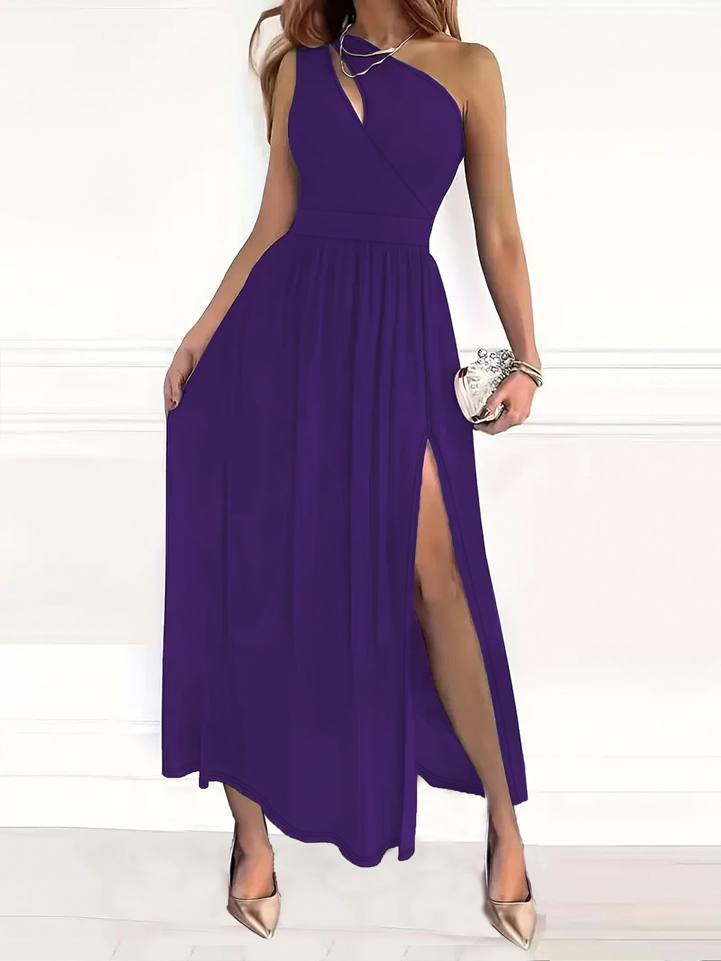 Damen Elegantes Maxikleid mit Ein-Schulter-Design und transparentem Beinschlitz Sovae