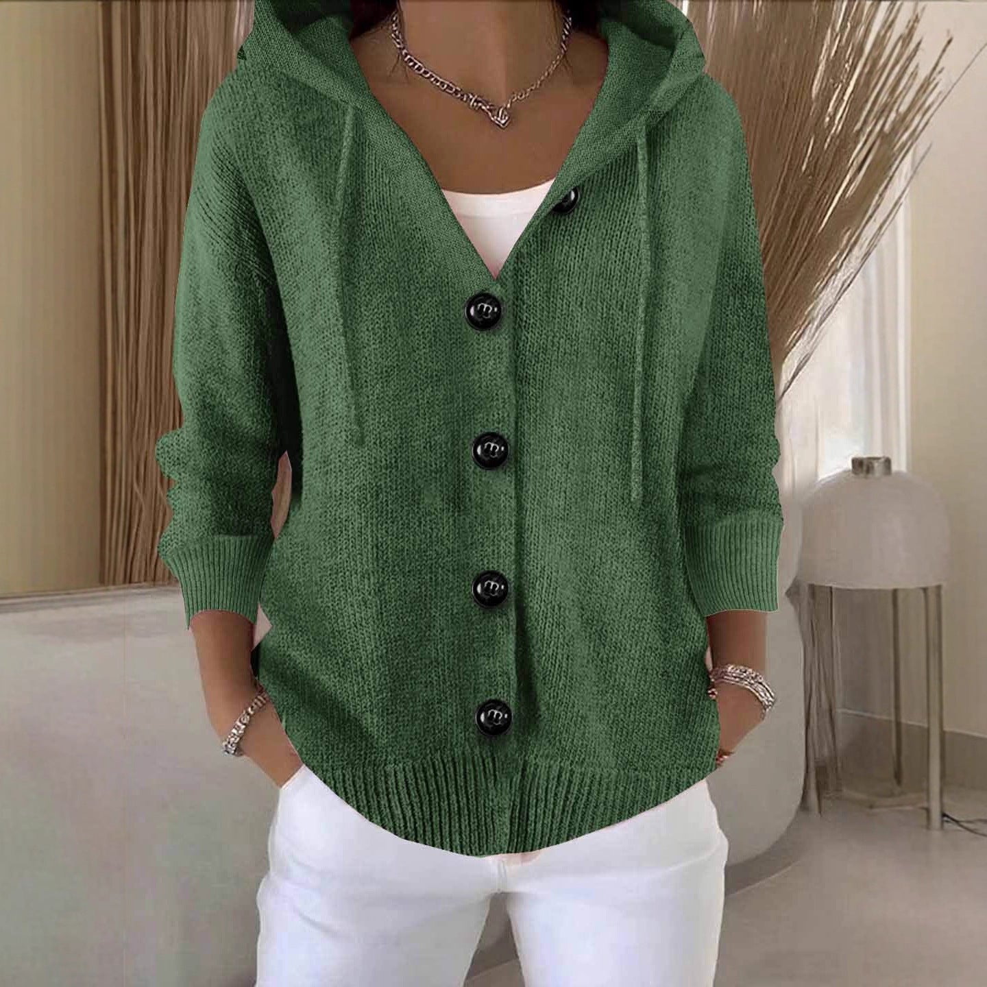 Damen lässige Strickjacke mit Kapuze und großen Knöpfen Sovae