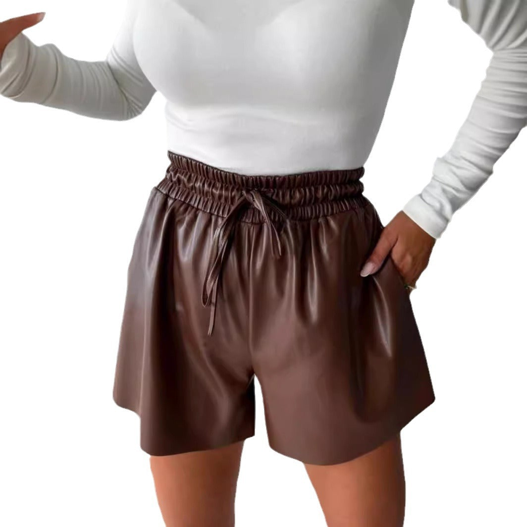 Damen Elegante Kunstleder-Shorts mit Gummizug Sovae