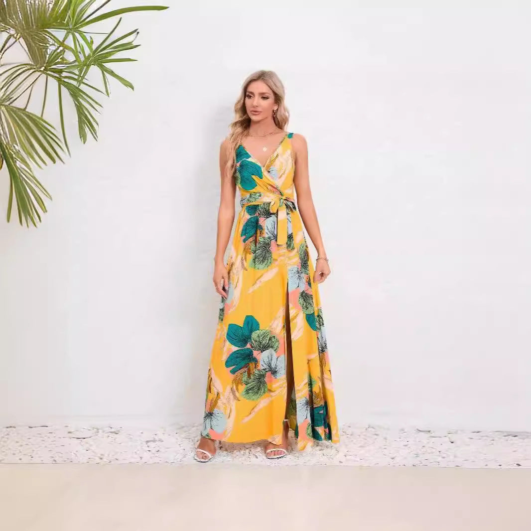 Damen Maxikleid mit tiefem V-Ausschnitt und floralem Muster Sovae