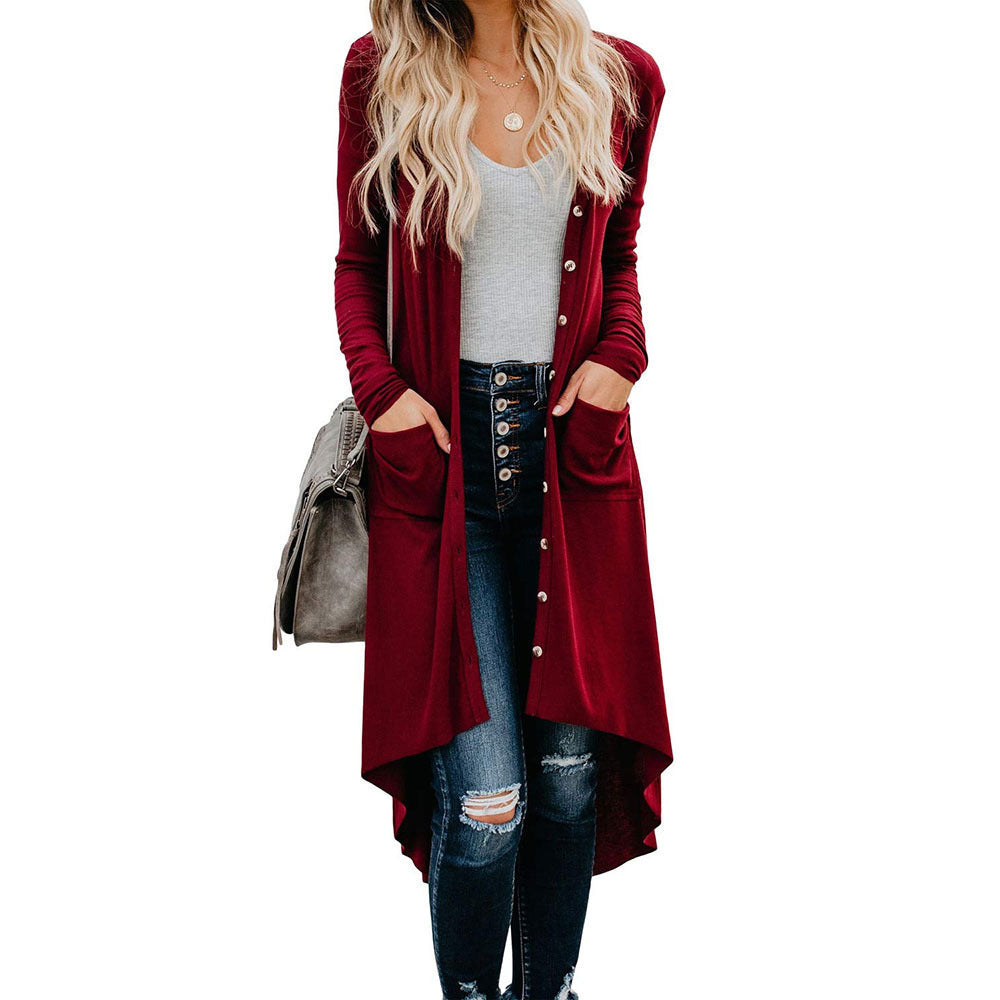 Damen Langer Strickcardigan mit Knopfverschluss und praktischen Taschen Sovae