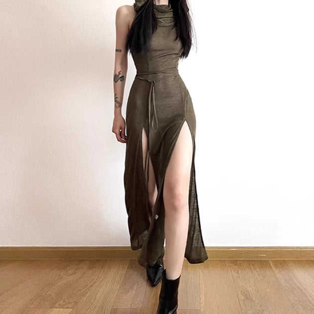Damen Elegantes Maxikleid mit hohem Schlitz und Kapuze Sovae