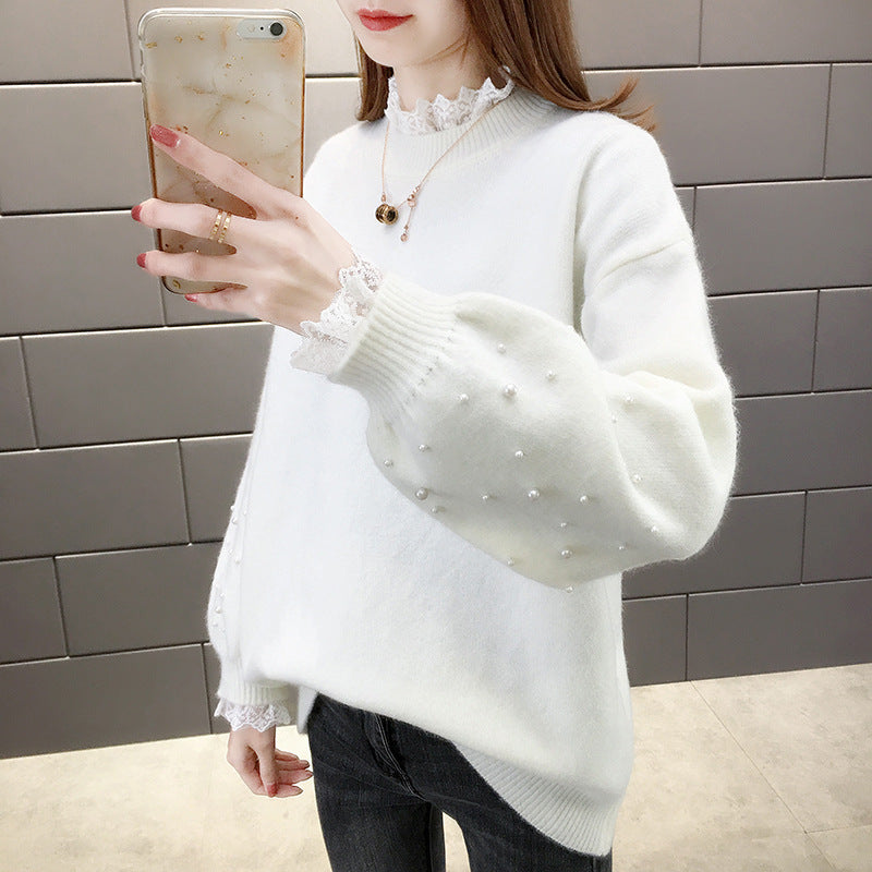 Damen trendiger Strickpullover mit Perlendetails und voluminösen Ärmeln Sovae
