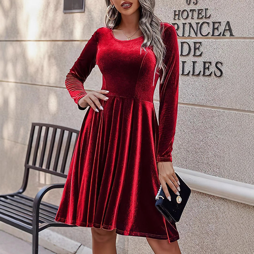 Damen Samt Maxikleid mit langen Ärmeln und elegantem Schnitt Sovae