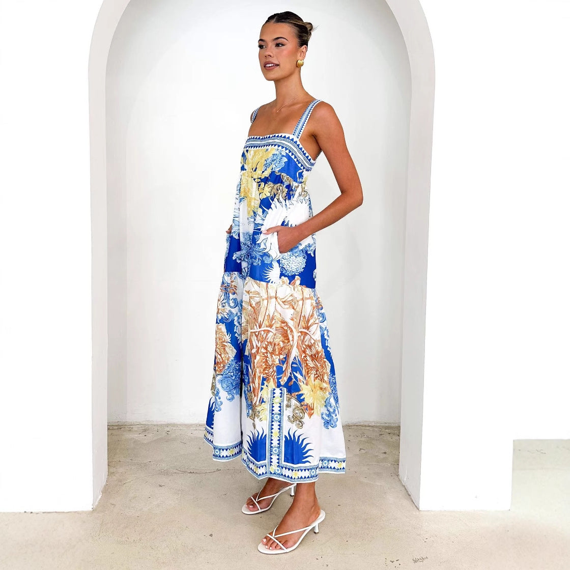 Damen luftiges Maxikleid mit floralem Design und praktischen Taschen Sovae