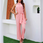 Damen Eleganter Jumpsuit mit hochgeschlossenem Kragen und Taillengürtel Sovae