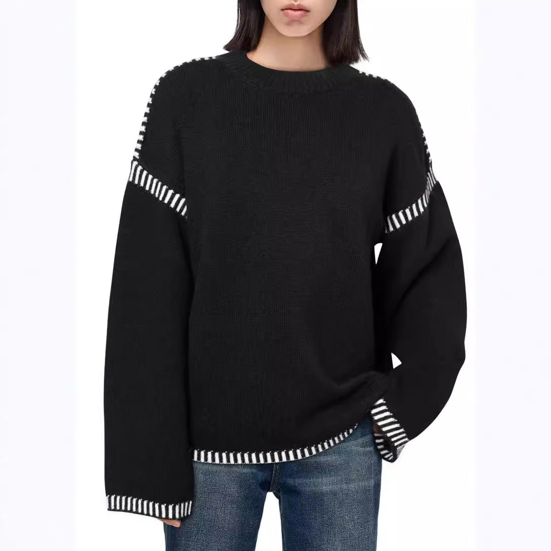 Damen lässiger Strickpullover mit kontrastierenden Bündchen und lässigem Schnitt Sovae