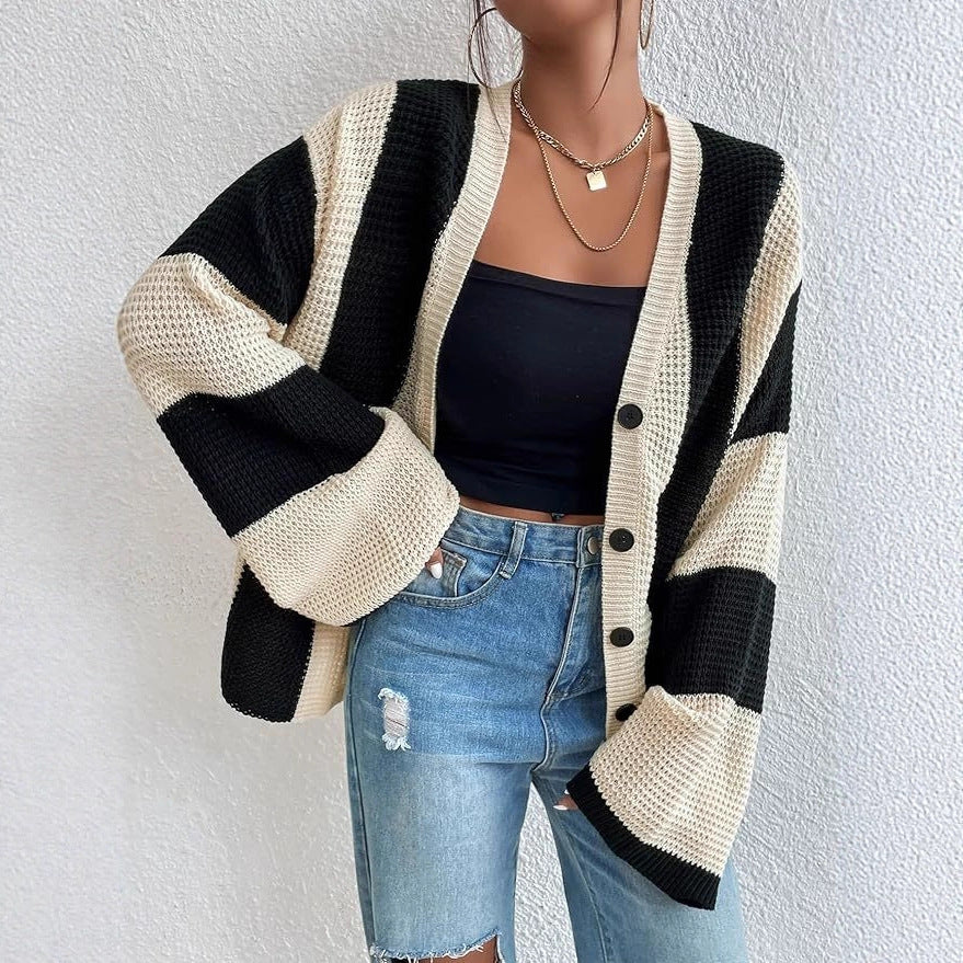 Damen stylische Strickjacke mit breiten Blockstreifen Sovae
