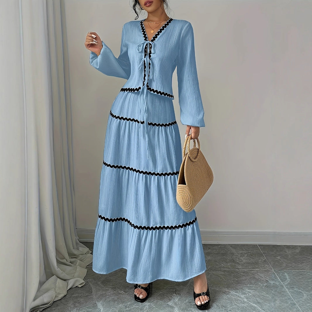 Damen Midi-Kleid mit gerafften Details und dezenten Kontrastborten Sovae