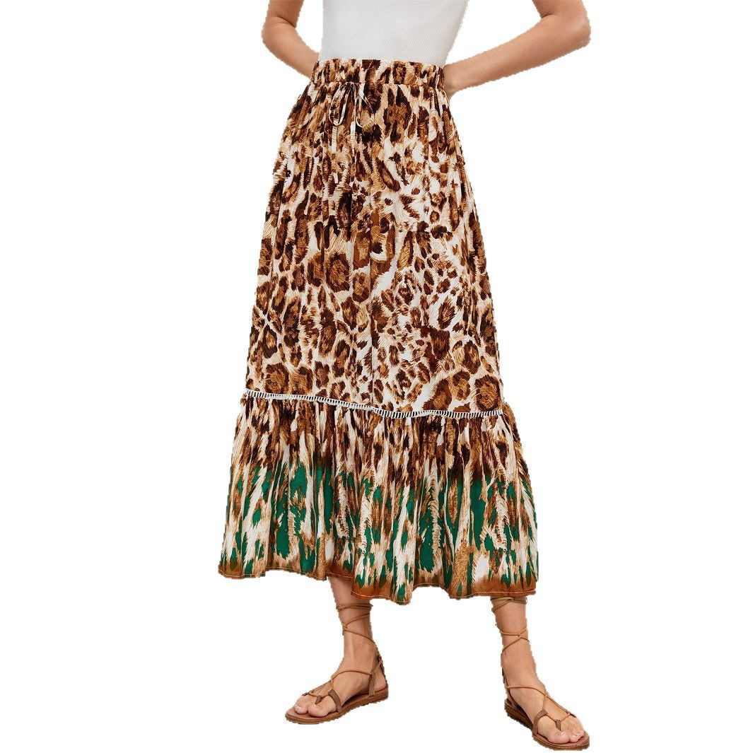 Damen Maxi-Rock mit Volants und Leopardenmuster Sovae