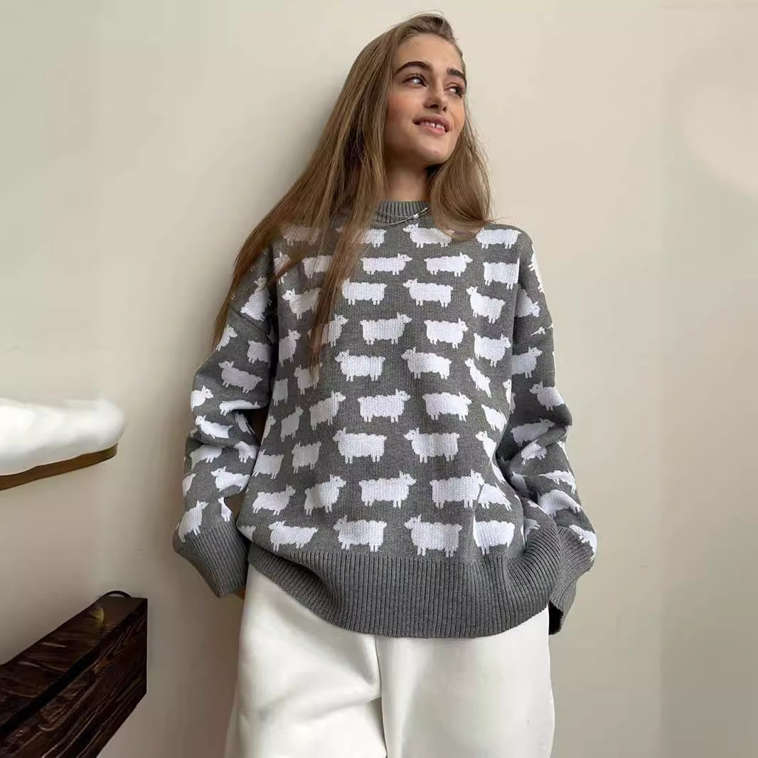 Damen Gemusterter Strickpullover mit Schafmotiven Sovae