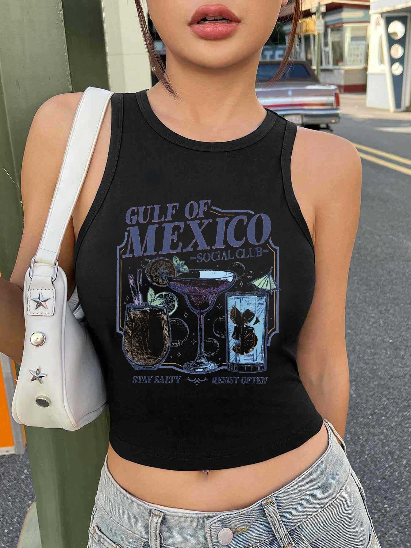 Damen Sportliches Cropped Tanktop mit Cocktailmotiv Sovae