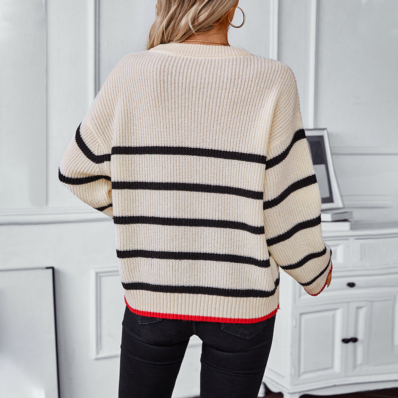 Damen klassischer Strickpullover mit maritimen Streifenmuster und weitem Schnitt Sovae