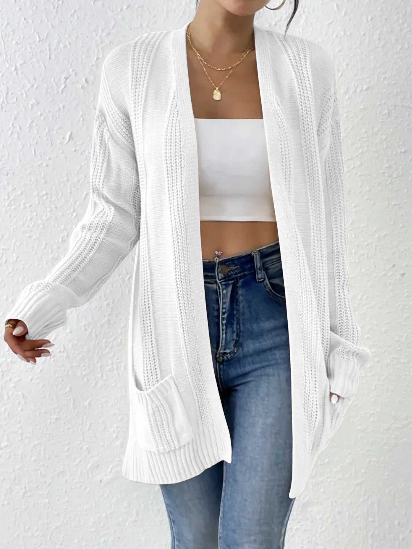 Damen lässiger Strickcardigan mit offenen Maschen und praktischen Taschen Sovae