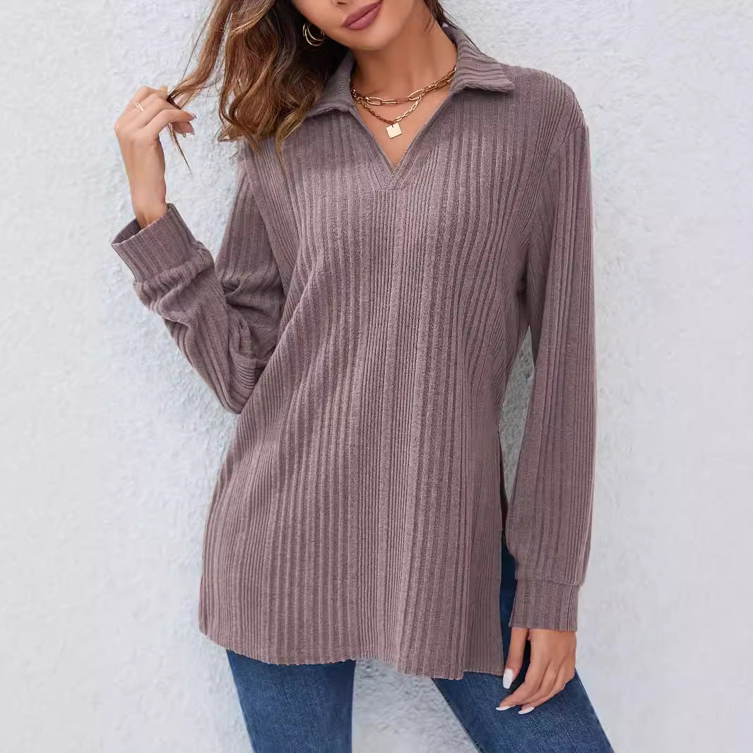 Damen Langarm Shirt mit strukturiertem V-Ausschnitt und schmalen Rippdetails Sovae