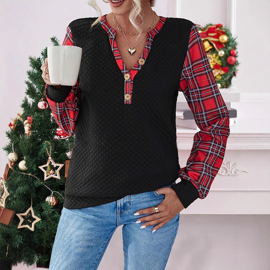 Damen modisches Langarmshirt mit Karomuster und Knopfdetail Sovae