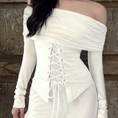 Damen Off-Shoulder Minikleid mit nostalgischem Schnürdesign und langen Ärmeln Sovae