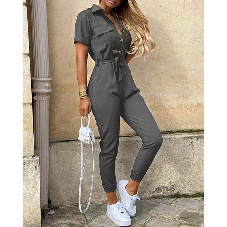 Damen lässiger Kurzarm Jumpsuit mit Taillengürtel Sovae