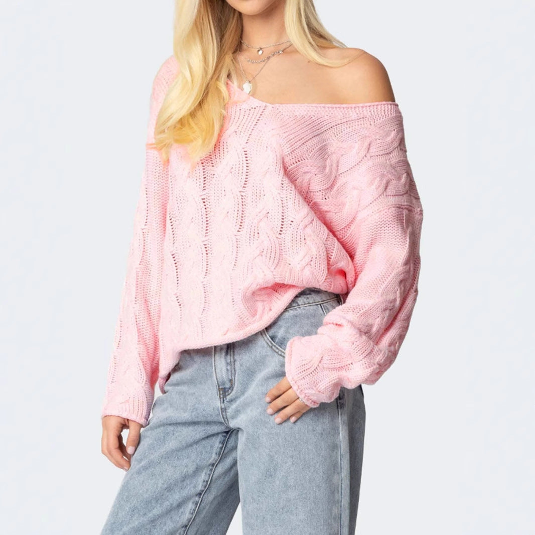 Damen Grobstrickpullover mit tiefem V-Ausschnitt und lässiger Silhouette Sovae