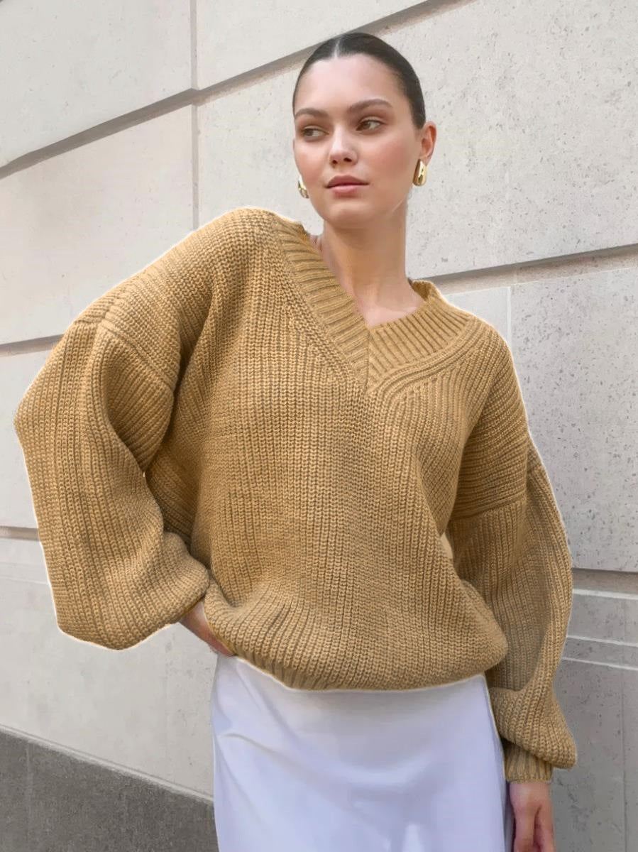 Damen lässiger Pullover mit V-Ausschnitt und voluminösen Ärmeln Sovae