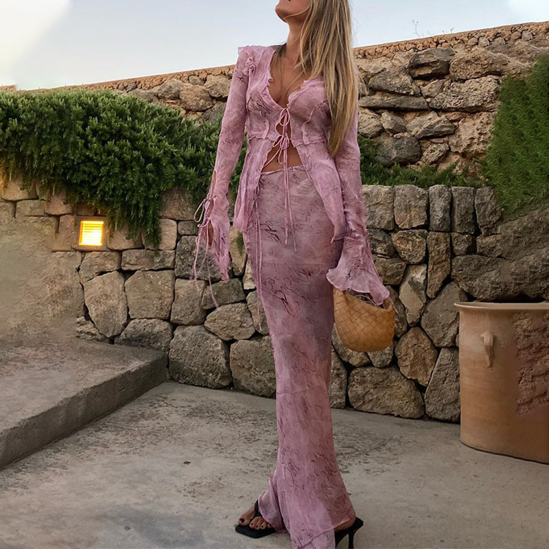 Damen Elegantes Cut-Out Maxikleid mit fließendem Stoff und raffinierten Rüschendetails Sovae