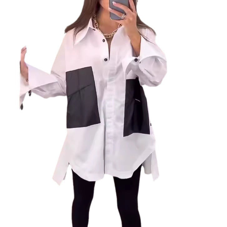 Damen Übergroße Bluse mit Kontraststoff und Taschen Sovae