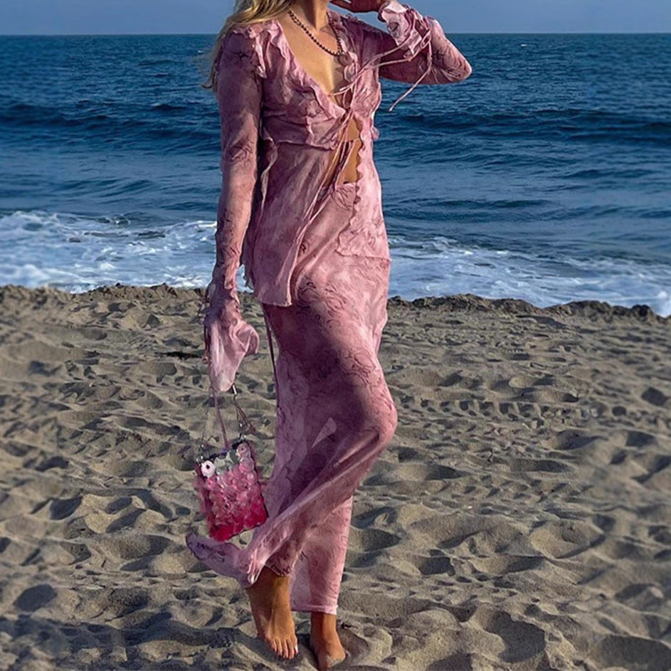 Damen Elegantes Cut-Out Maxikleid mit fließendem Stoff und raffinierten Rüschendetails Sovae