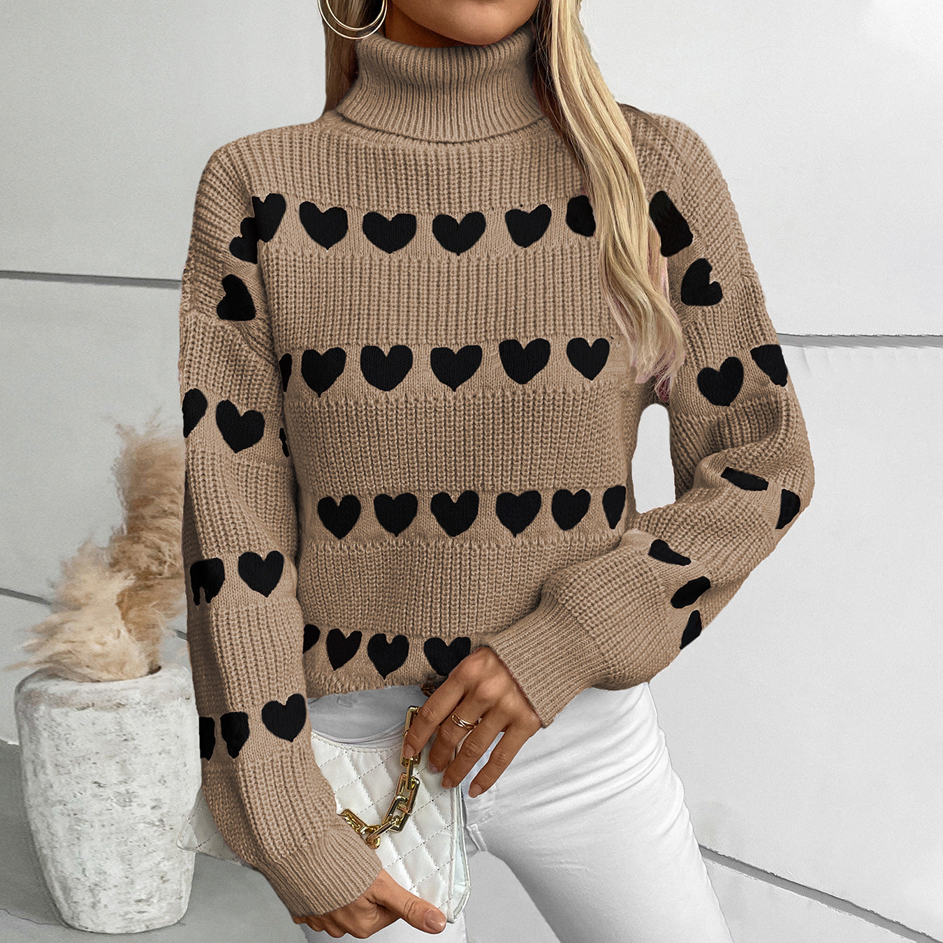 Damen Strickpullover mit Herzmuster und hohem Kragen Sovae
