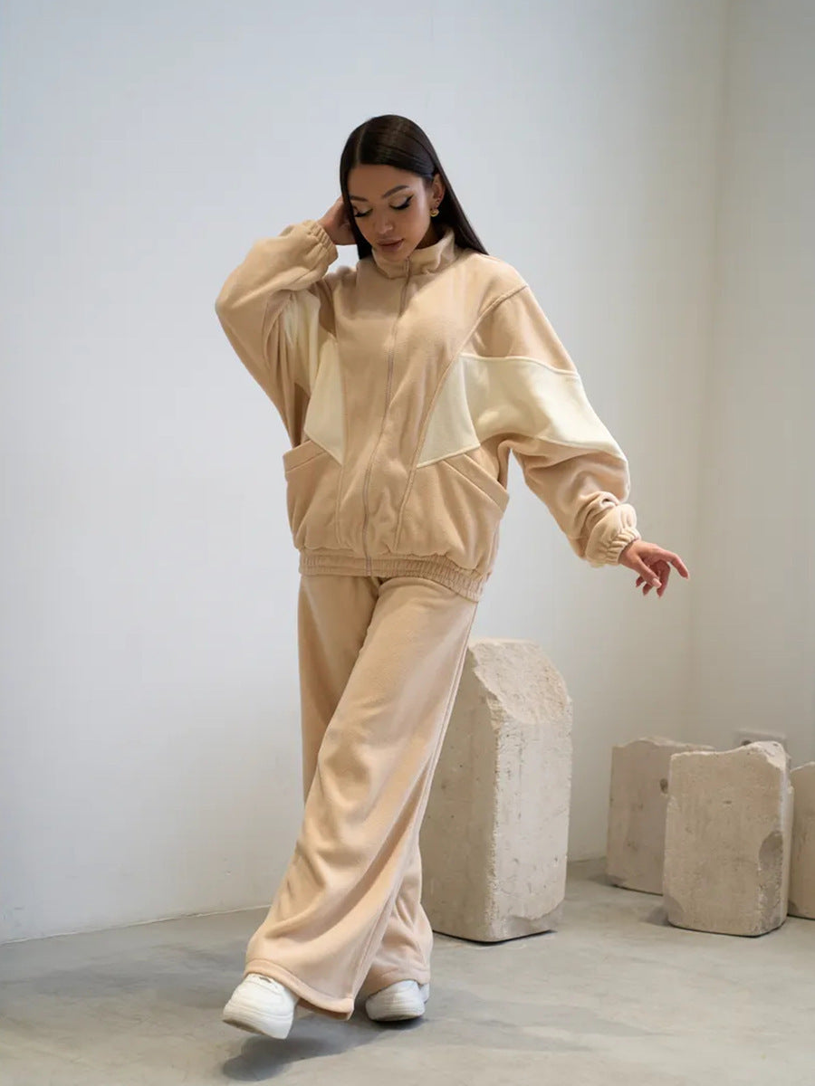Damen sportliches Fleece-Set mit hochgeschlossenem Kragen und weiten Hosen Sovae