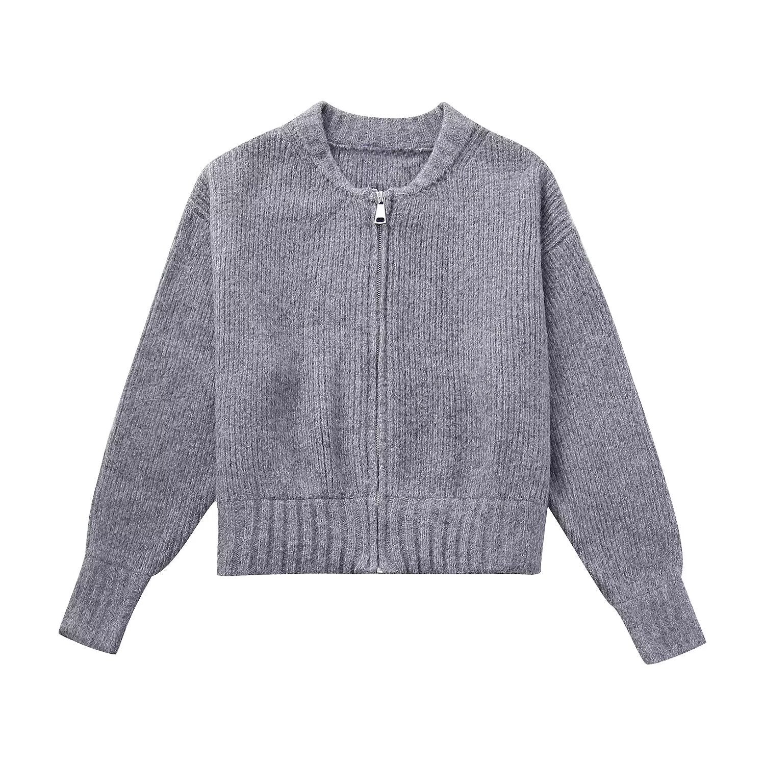 Damen modische Strickjacke mit hohem Kragen und Reißverschluss Sovae