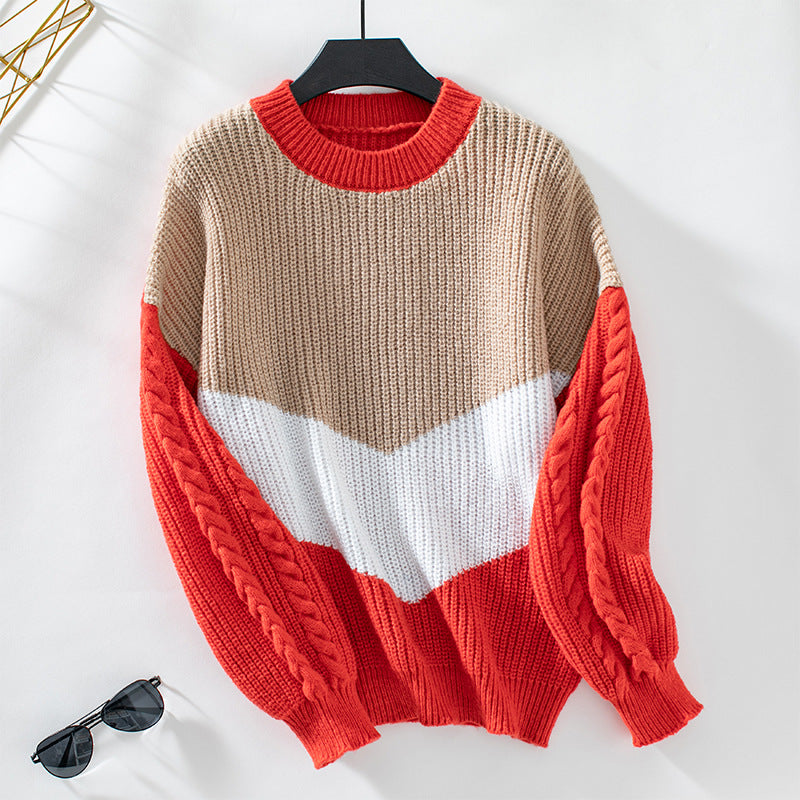 Damen modischer Strickpullover mit raffinierten Zopfmuster-Ärmeln und Kontrastfarben Sovae